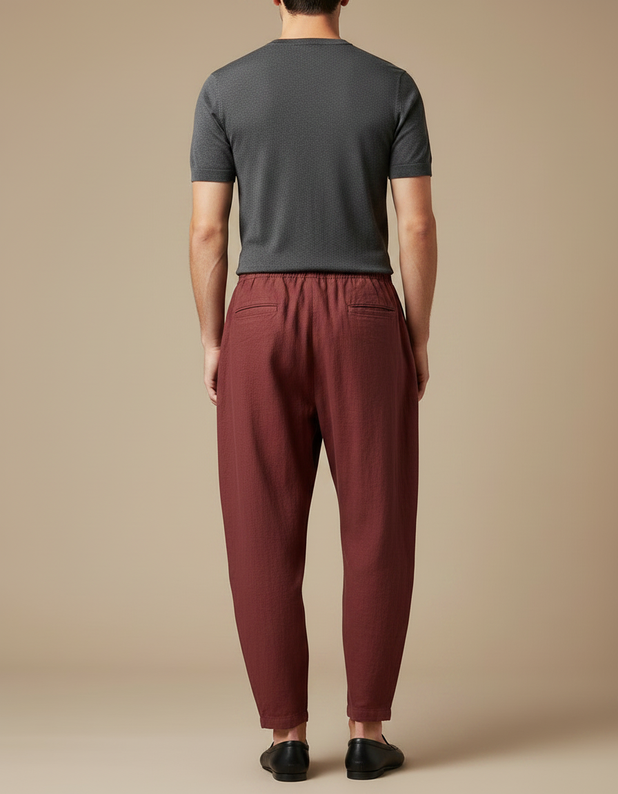 Pantalon Japonais Marron Lin Ample Plissé Homme - Bordeaux - vue 2