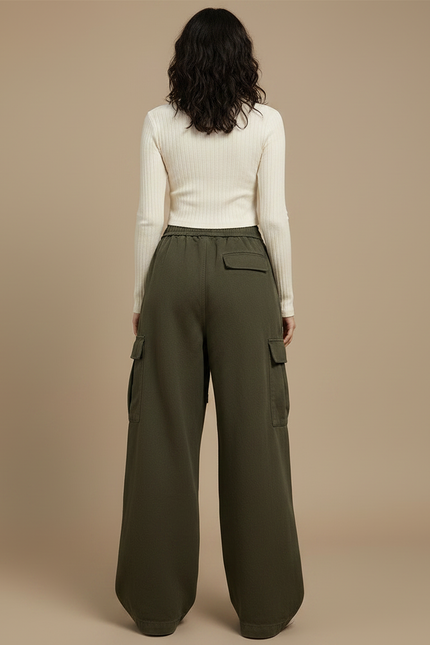Pantalon Japonais Cargo Vert Ample Cordon Streetwear - Kaki Molleton - vue 2