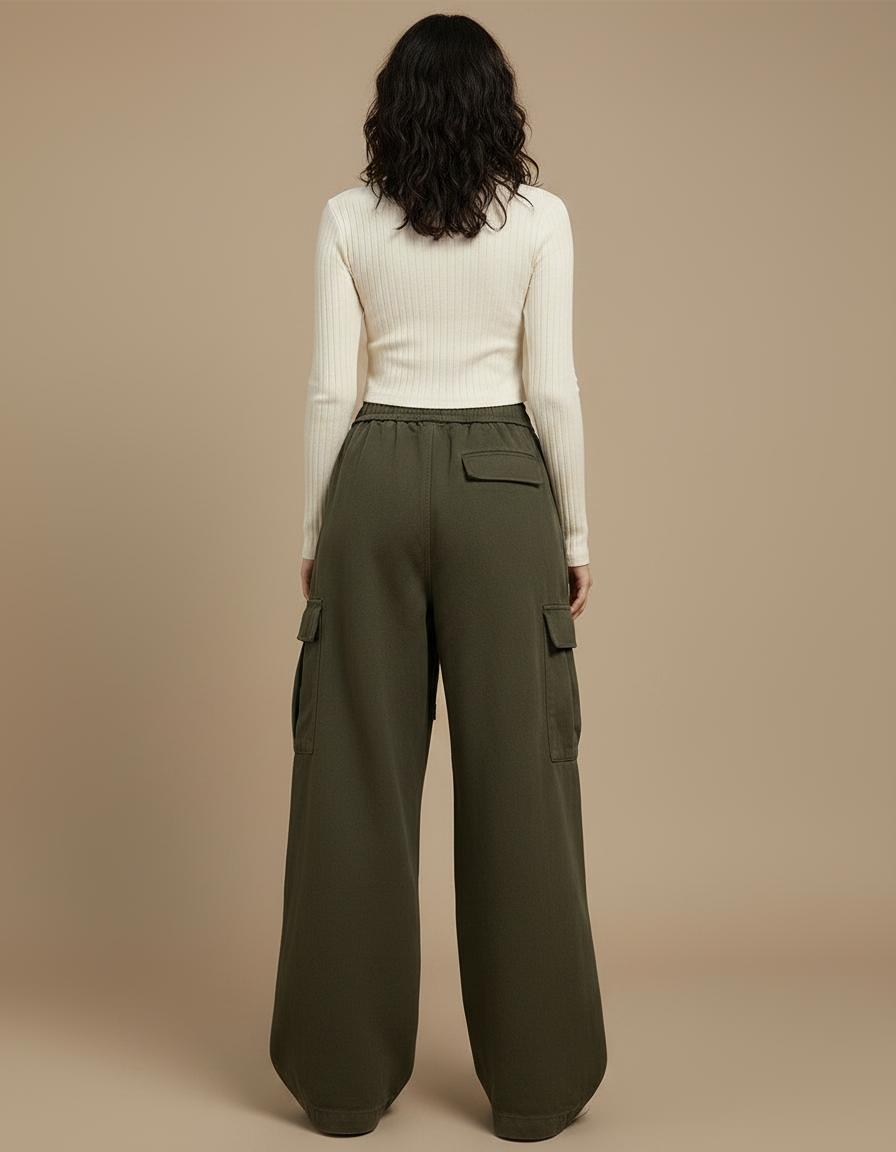 Pantalon Japonais Cargo Vert Ample Cordon Streetwear - Kaki Molleton - vue 2
