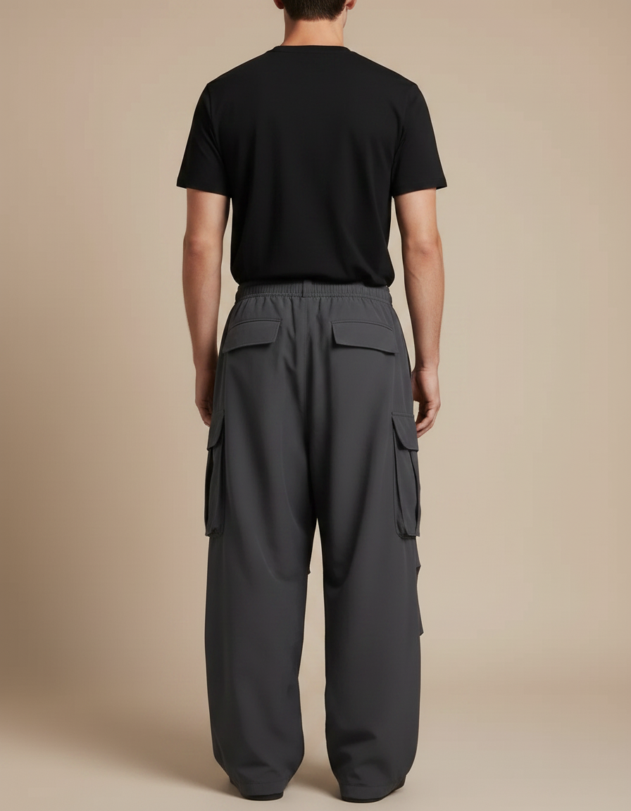 Pantalon Japonais Cargo Gris Ample Décontracté Homme - Polyester - vue 2