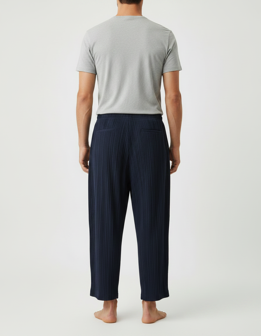 Pantalon Japonais Plissé Bleu Marine Décontracté Fluide - Polyester - vue 2