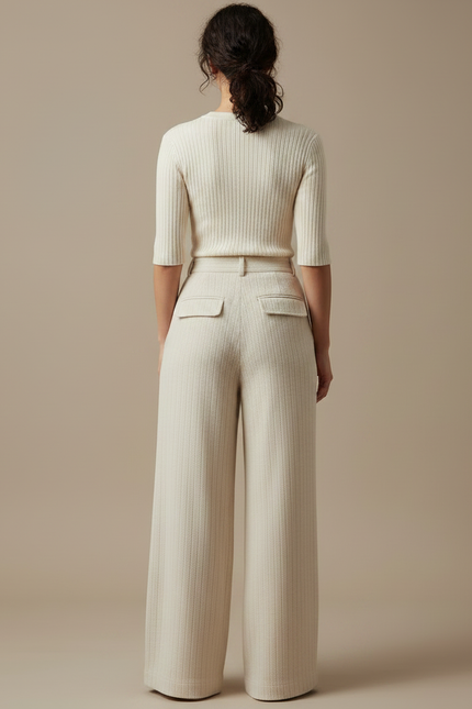 Pantalon Japonais Crème Ample Droit Élégant Plissé - Beige Tweed - vue 2