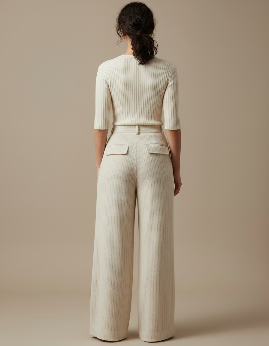 Pantalon Japonais Crème Ample Droit Élégant Plissé - Beige Tweed - vue 2