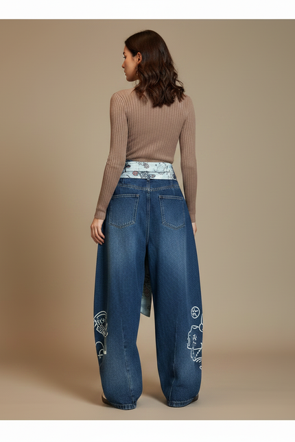 Pantalon Japonais Denim Baggy Brodé Ample Décontracté - Bleu Jean - vue 2