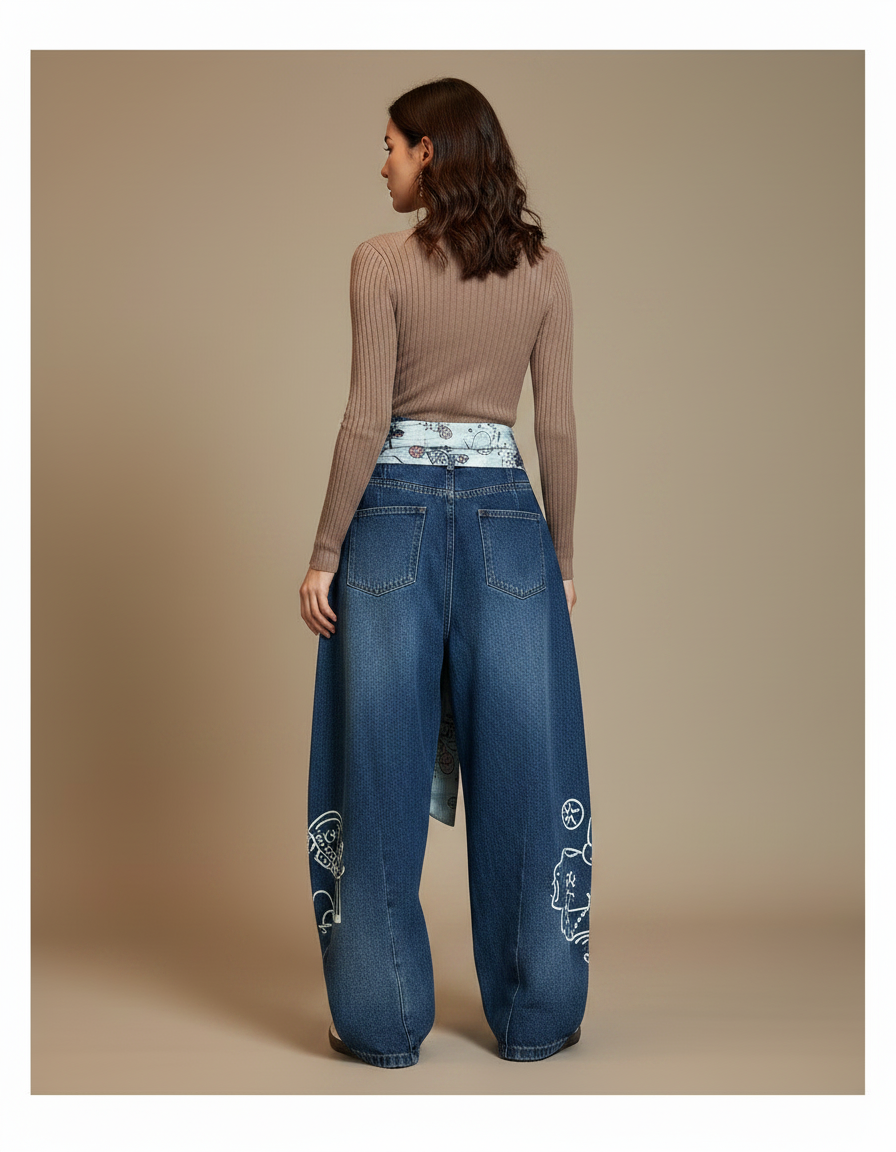 Pantalon Japonais Denim Baggy Brodé Ample Décontracté - Bleu Jean - vue 2