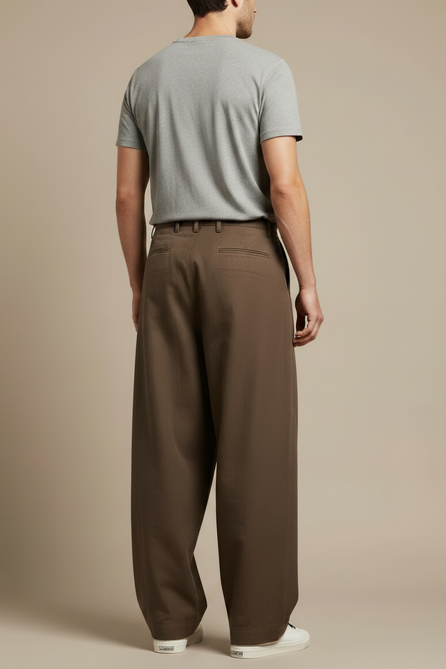 Pantalon Japonais Marron Ample Plissé Décontracté Homme - Gabardine - vue 2