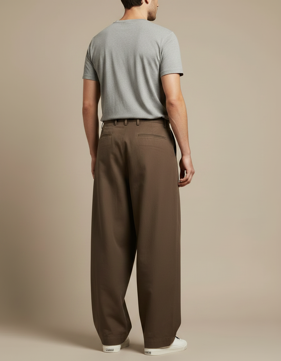 Pantalon Japonais Marron Ample Plissé Décontracté Homme - Gabardine - vue 2
