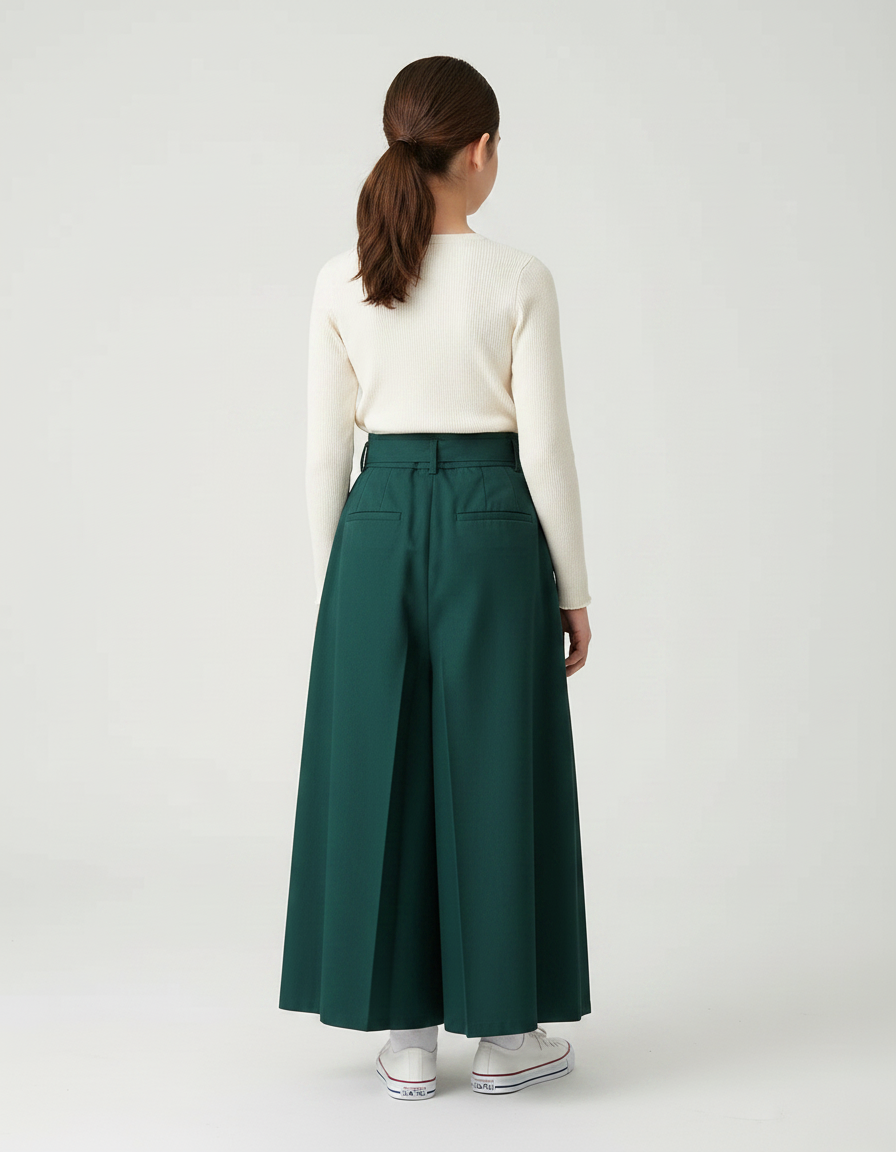 Pantalon Japonais Vert Plissé Ample Fille Décontracté - Polyester - vue 2