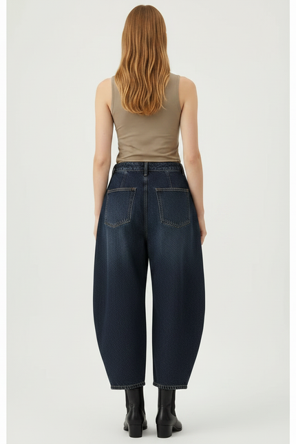 Pantalon Japonais Denim Bleu Ample Taille Haute Plissé - Marine Jean - vue 2
