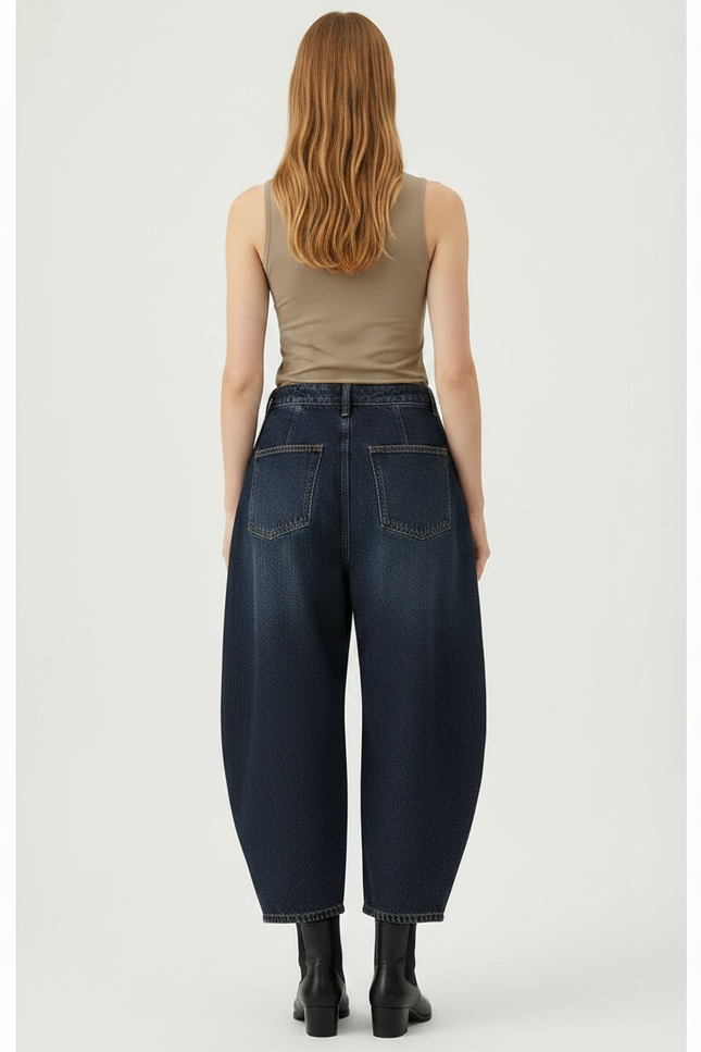 Pantalon Japonais Denim Bleu Ample Taille Haute Plissé - Marine Jean - vue 2