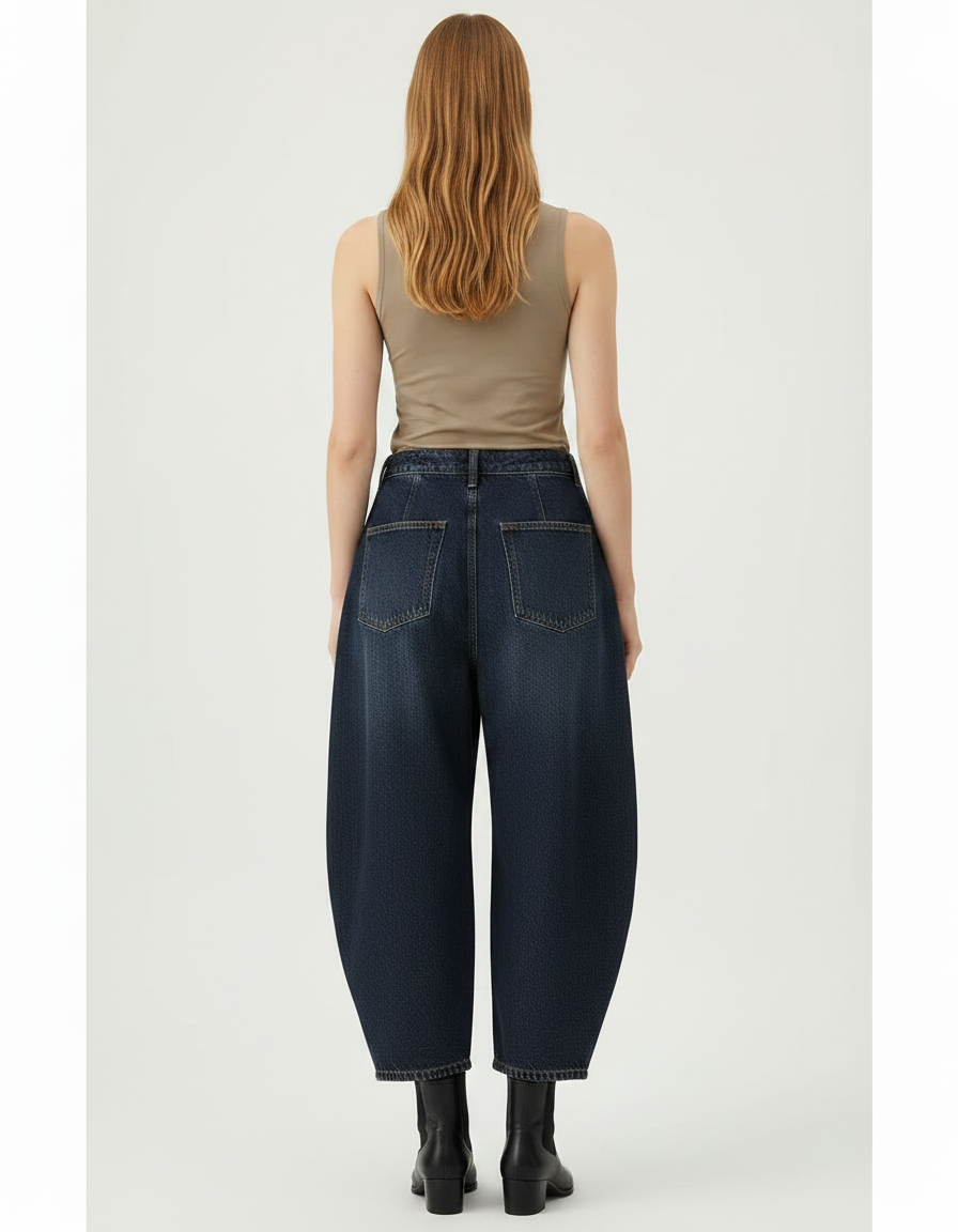 Pantalon Japonais Denim Bleu Ample Taille Haute Plissé - Marine Jean - vue 2
