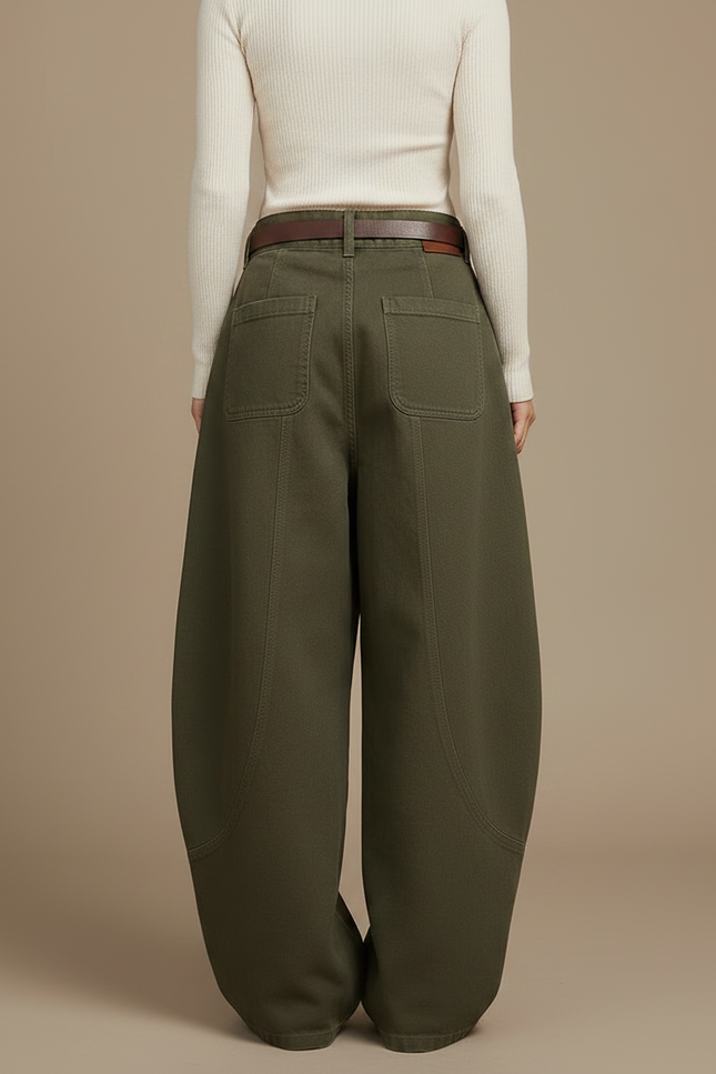 Pantalon Japonais Vert Ample Décontracté Coton Femme - Kaki Toile - vue 2