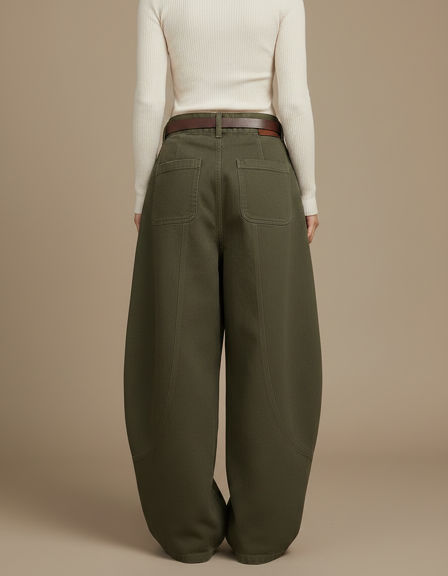 Pantalon Japonais Vert Ample Décontracté Coton Femme - Kaki Toile - vue 2