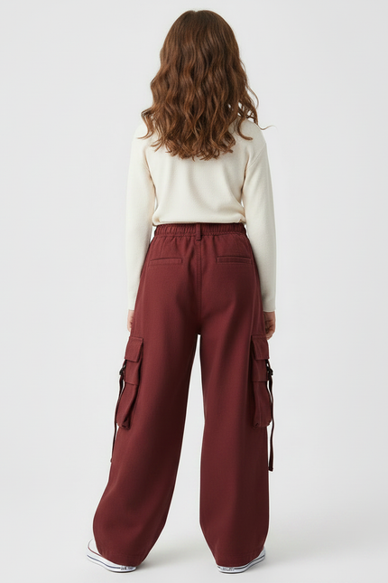 Pantalon Japonais Cargo Ample Rouge Fille - Bordeaux Toile - vue 2