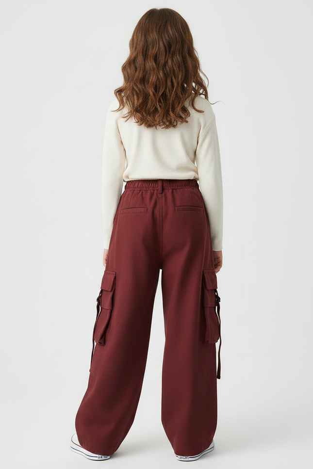 Pantalon Japonais Cargo Ample Rouge Fille - Bordeaux Toile - vue 2