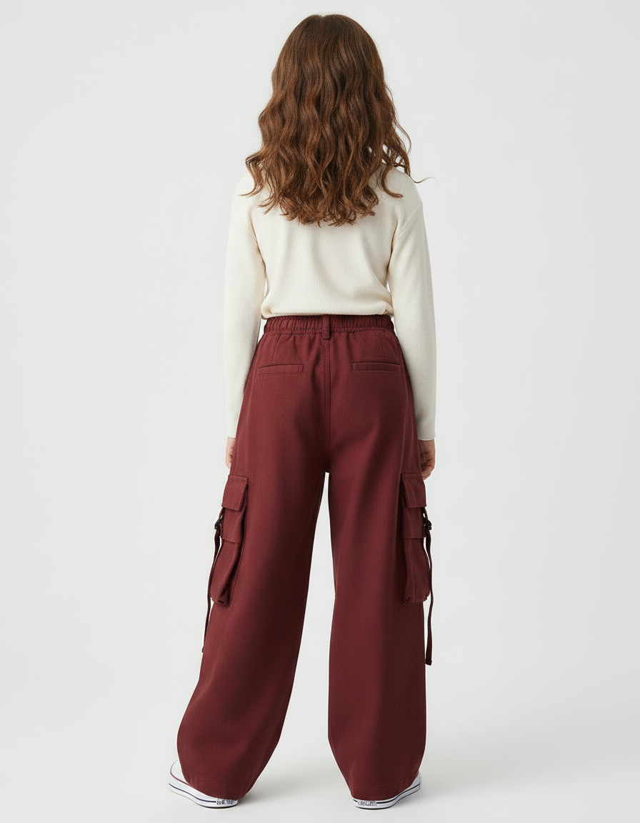 Pantalon Japonais Cargo Ample Rouge Fille - Bordeaux Toile - vue 2