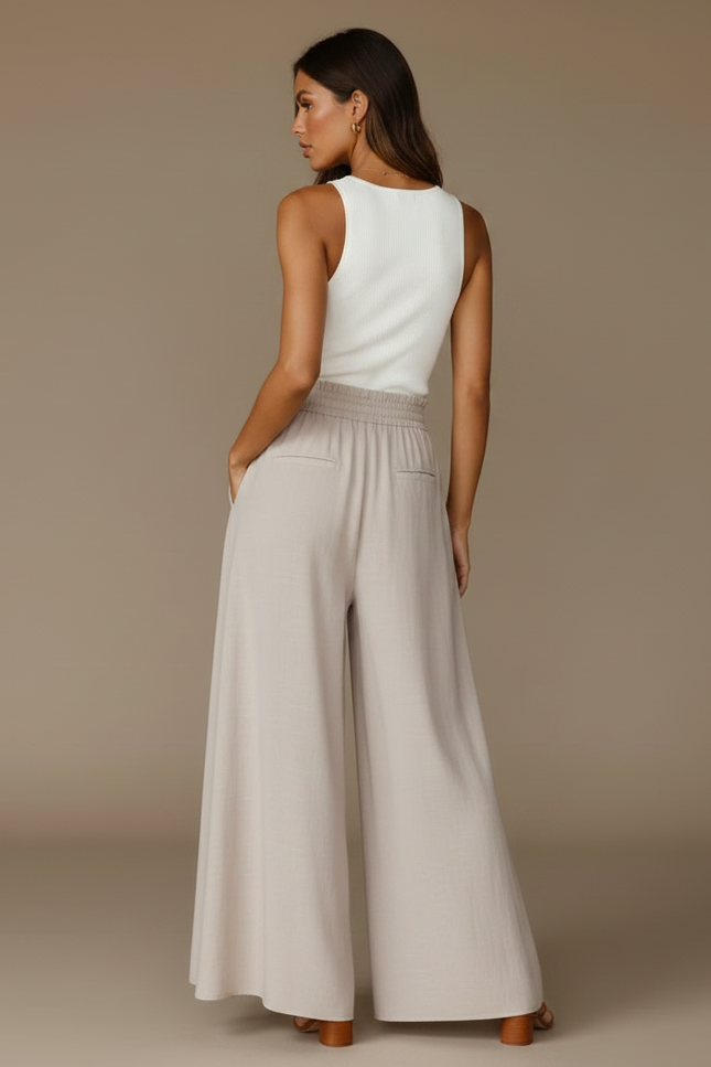 Pantalon Japonais Beige Fluide Ample Cordon Élégant - Lin - vue 2