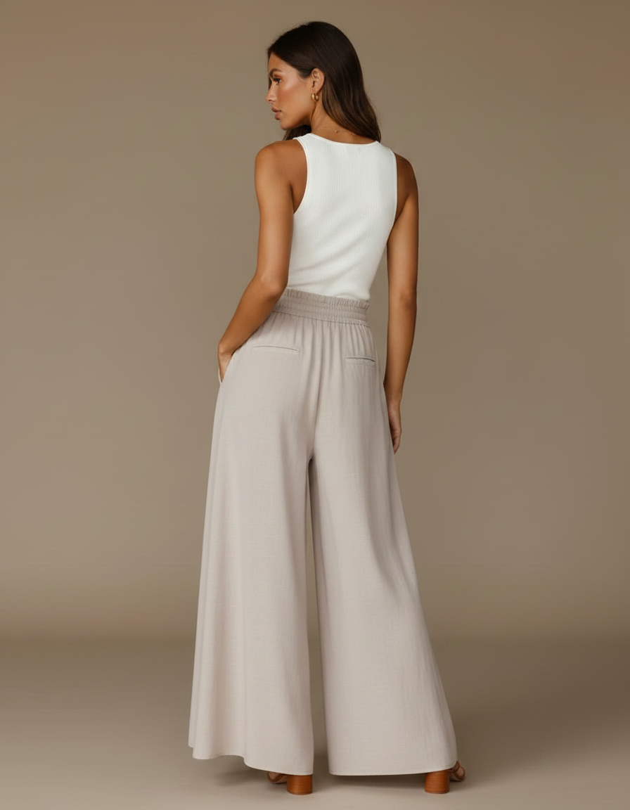Pantalon Japonais Beige Fluide Ample Cordon Élégant - Lin - vue 2