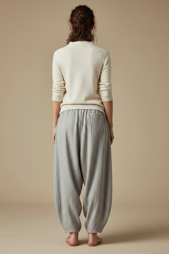 Pantalon Japonais Gris Ample Motifs Poissons Bohème - Lin - vue 2