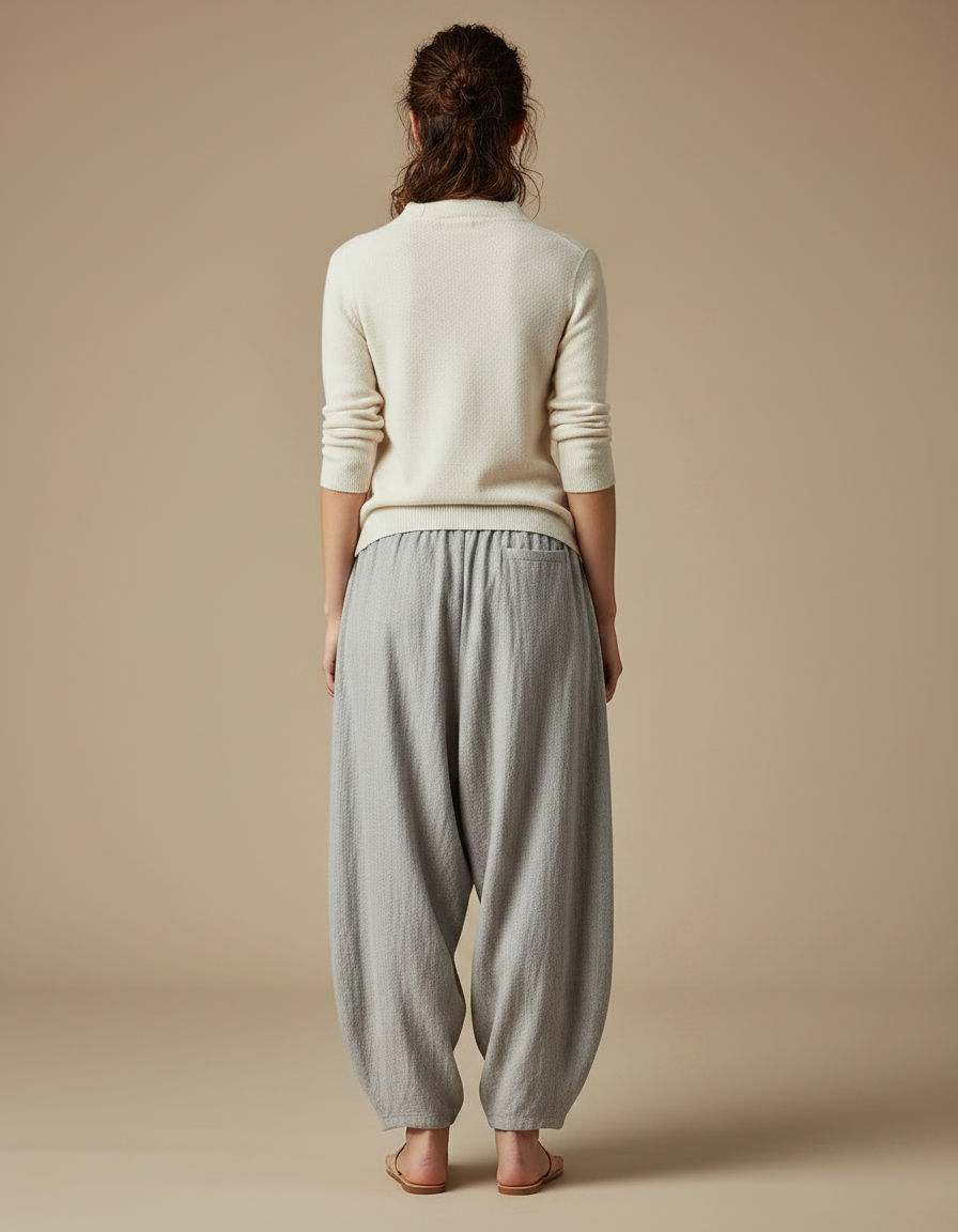 Pantalon Japonais Gris Ample Motifs Poissons Bohème - Lin - vue 2