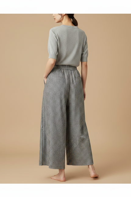 Pantalon Japonais Carreaux Ample Fluide Décontracté Femme - Imprimé Coton - vue 2