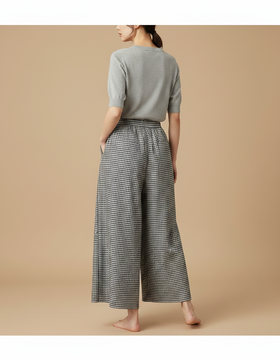 Pantalon Japonais Carreaux Ample Fluide Décontracté Femme - Imprimé Coton - vue 2