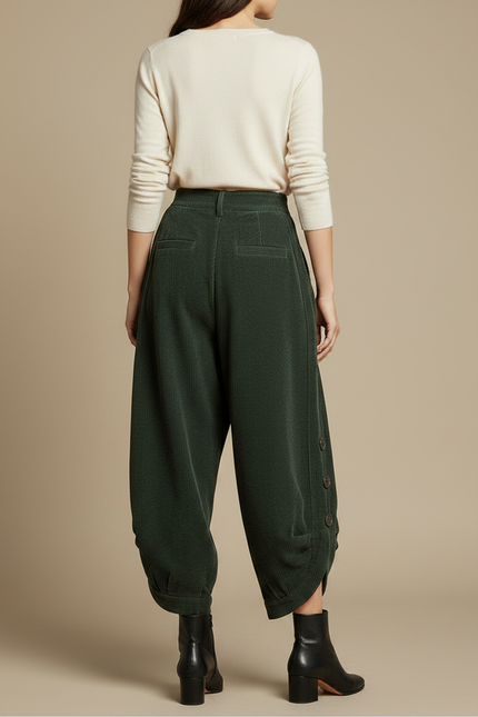 Pantalon Japonais Vert Côtelé Ample Décontracté Boutons - Cordé - vue 2