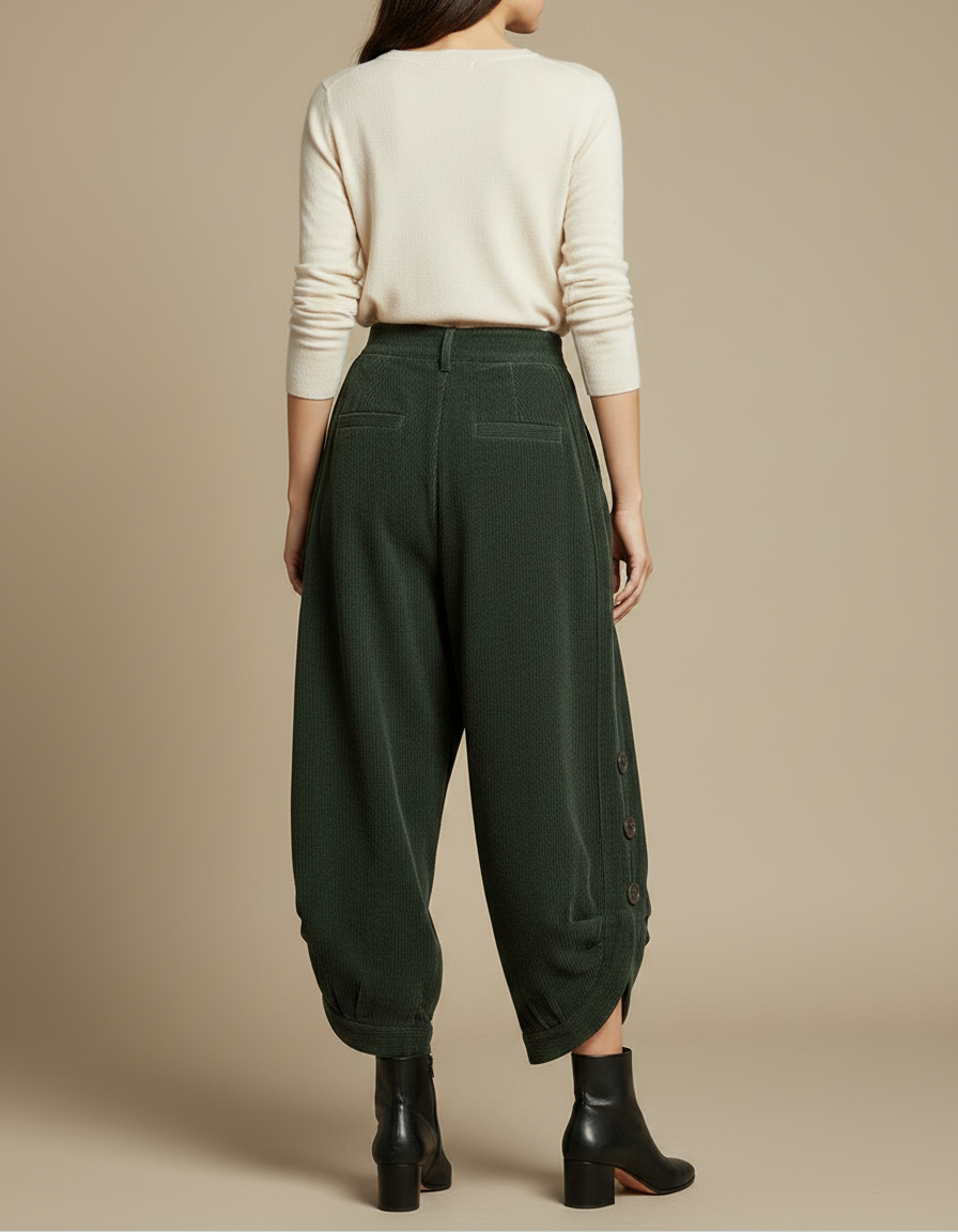 Pantalon Japonais Vert Côtelé Ample Décontracté Boutons - Cordé - vue 2
