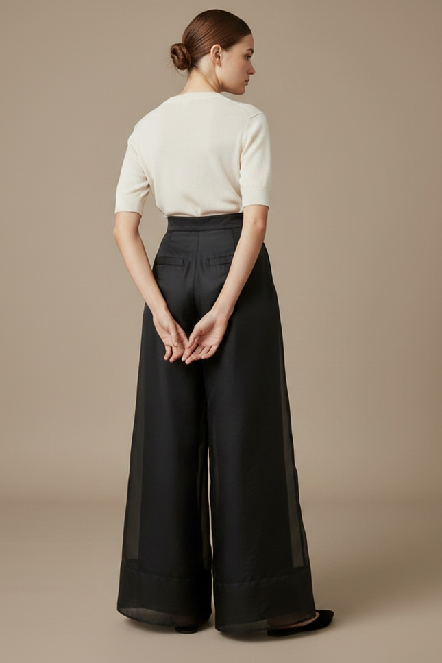 Pantalon Japonais Noir Organza Ample Fluide Élégant - Polyester - vue 2
