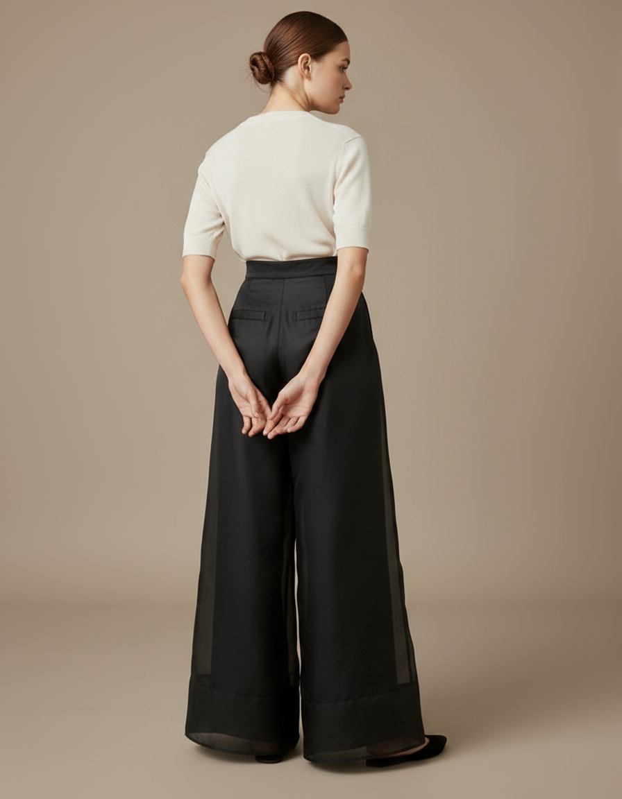 Pantalon Japonais Noir Organza Ample Fluide Élégant - Polyester - vue 2