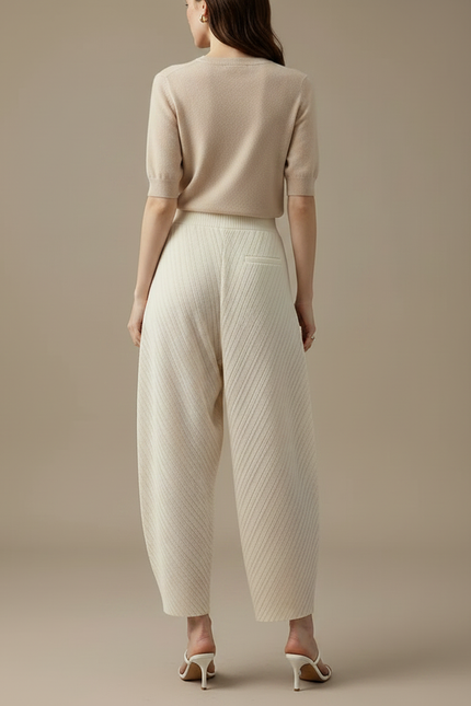 Pantalon Japonais Plissé Beige Ample Texturé Élégant - Maille - vue 2