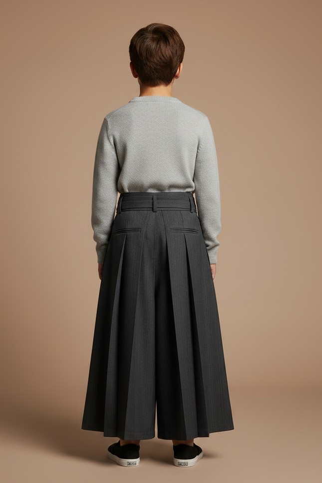 Pantalon Japonais Plissé Gris Ample Élégant Ceinturé - Laine - vue 2