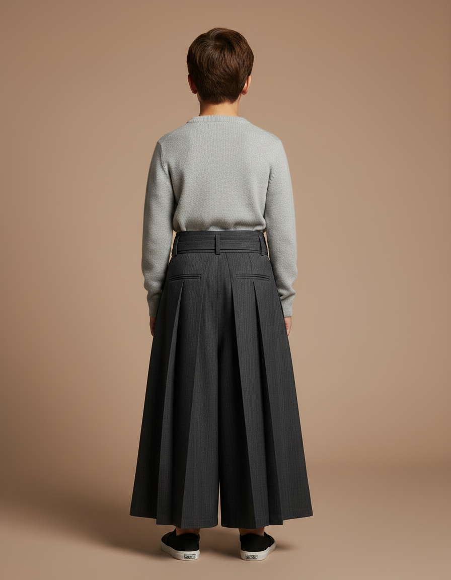 Pantalon Japonais Plissé Gris Ample Élégant Ceinturé - Laine - vue 2