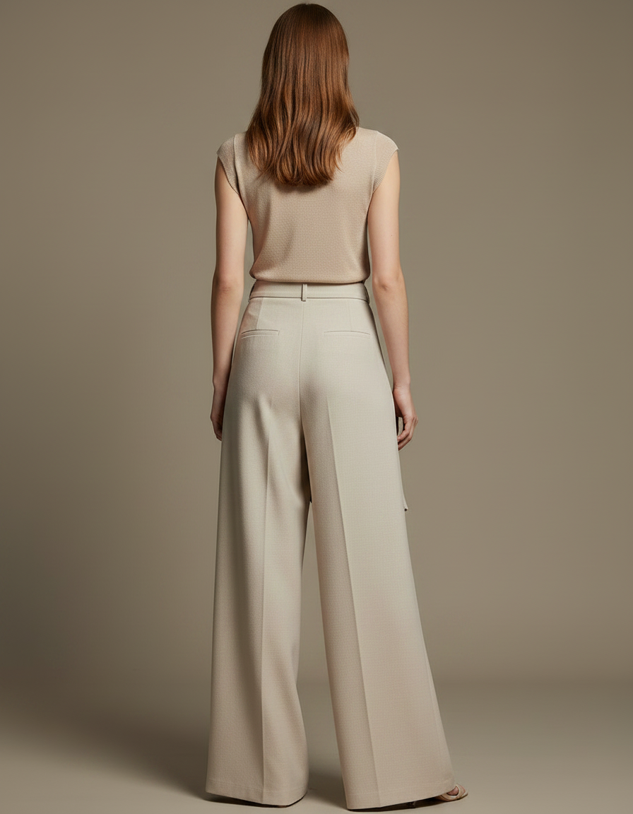 Pantalon Japonais Beige Asymétrique Fluide Élégant Large - Viscose - vue 2