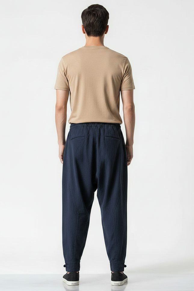 Pantalon Japonais Bleu Marine Ample Coton Confortable - Lin - vue 2