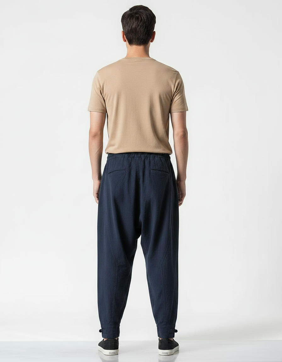Pantalon Japonais Bleu Marine Ample Coton Confortable - Lin - vue 2