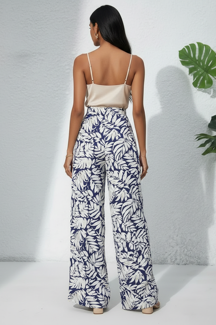 Pantalon Japonais Fluide Ample Imprimé Feuille Bleu Femme - Viscose - vue 2