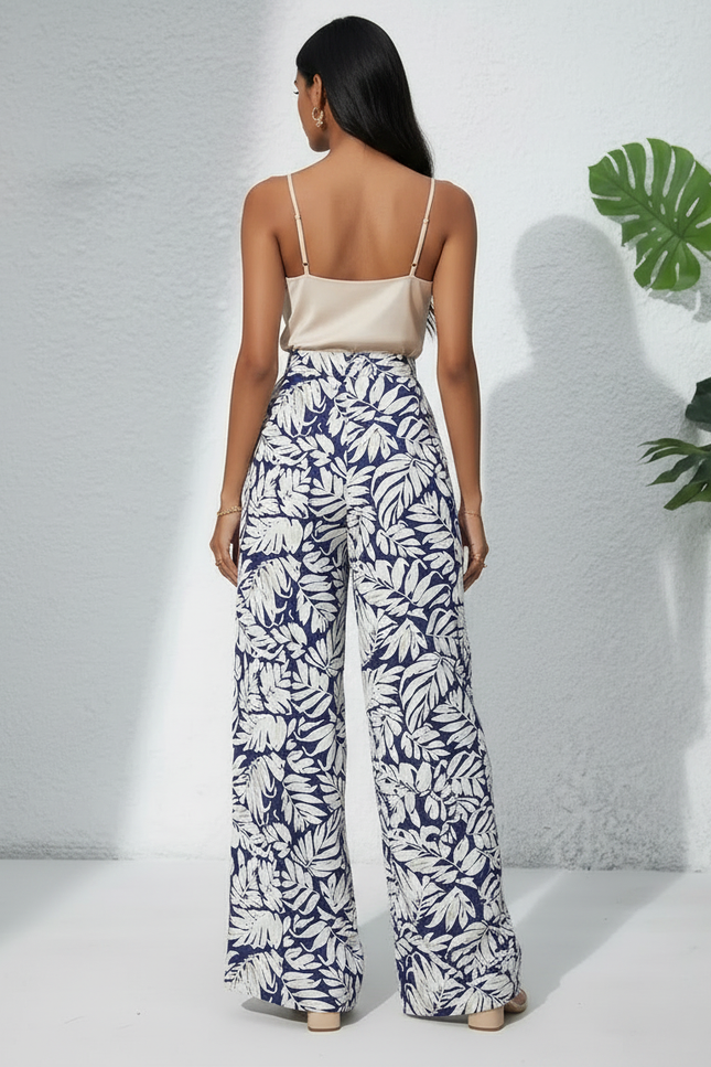 Pantalon Japonais Fluide Ample Imprimé Feuille Bleu Femme - Viscose - vue 2
