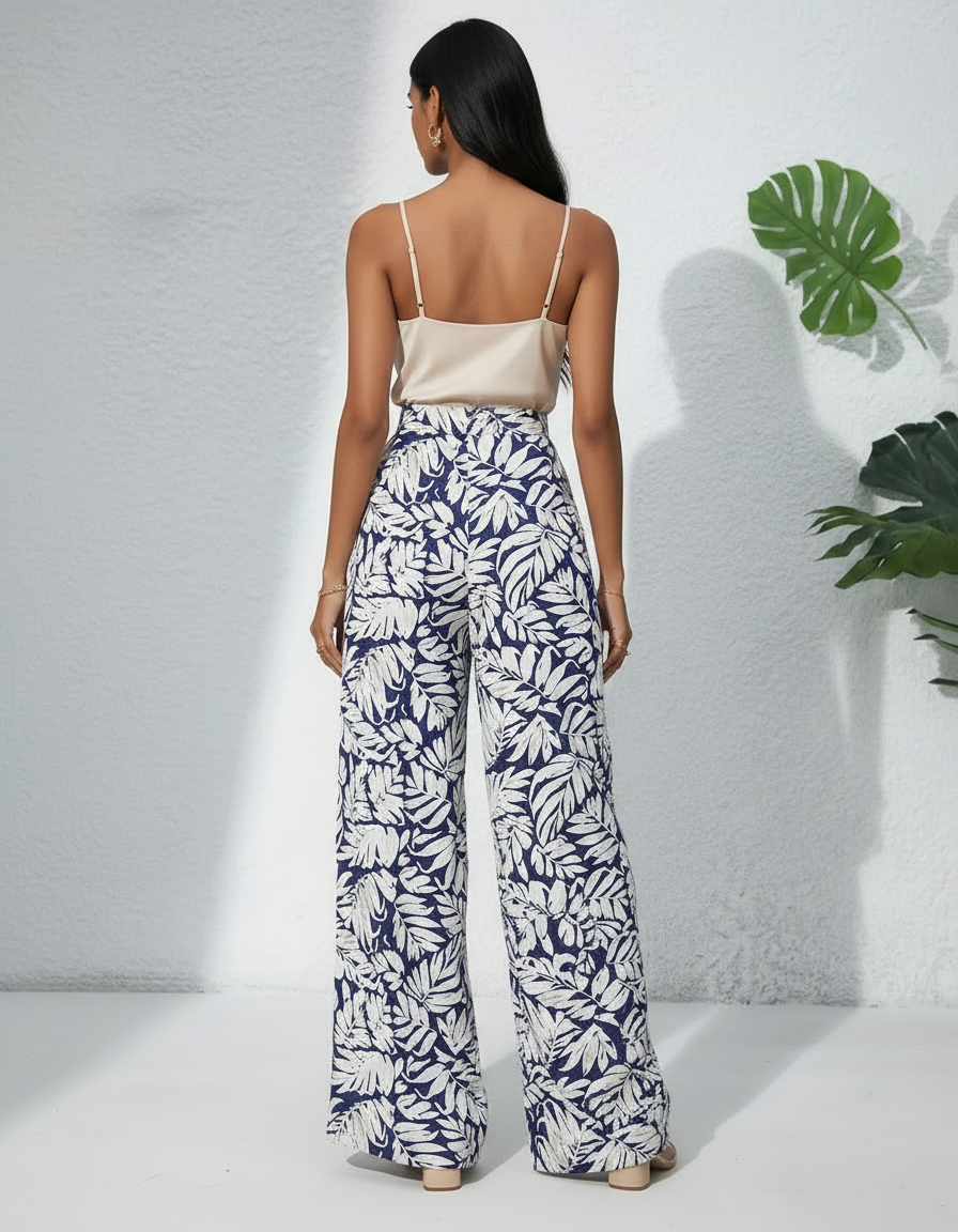 Pantalon Japonais Fluide Ample Imprimé Feuille Bleu Femme - Viscose - vue 2