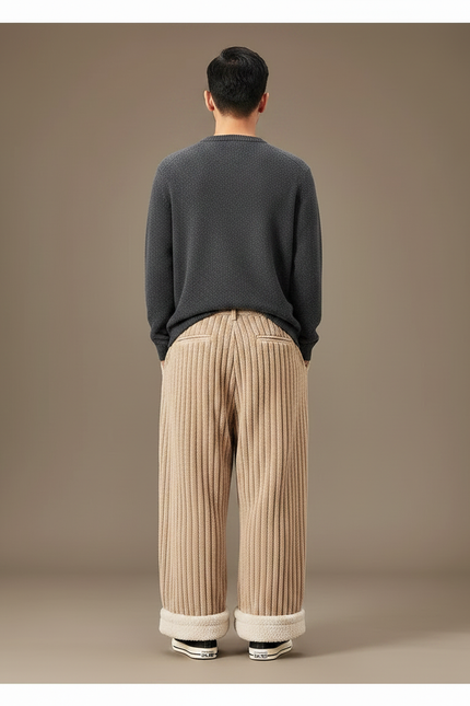 Pantalon Japonais Velours Côtelé Beige Ample Hiver Doublé - Cordé - vue 2