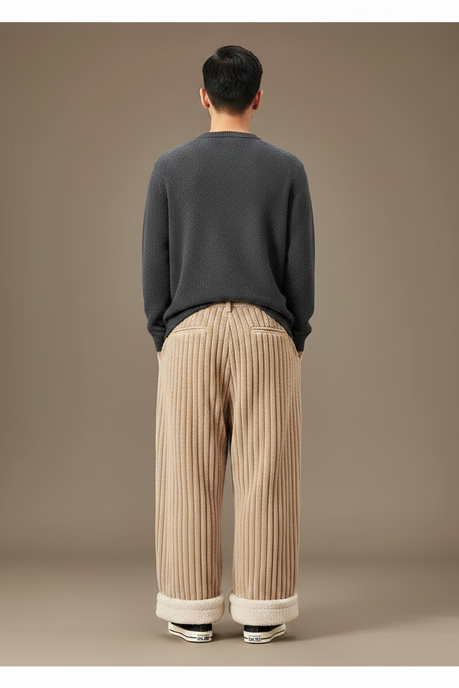 Pantalon Japonais Velours Côtelé Beige Ample Hiver Doublé - Cordé - vue 2