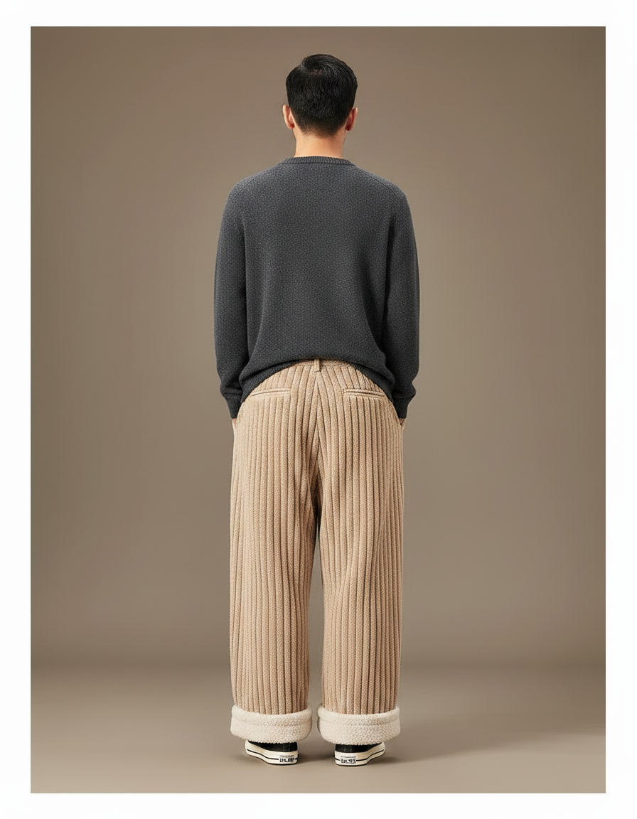Pantalon Japonais Velours Côtelé Beige Ample Hiver Doublé - Cordé - vue 2
