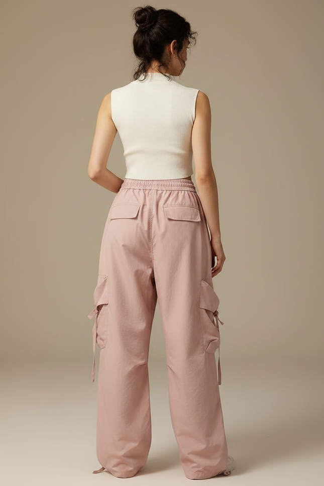 Pantalon Japonais Rose Cargo Ample Décontracté Multipoches - Polyester - vue 2