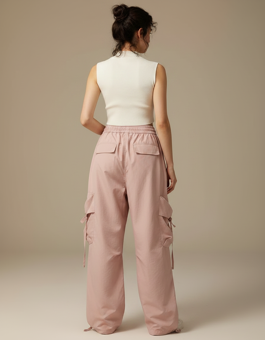 Pantalon Japonais Rose Cargo Ample Décontracté Multipoches - Polyester - vue 2