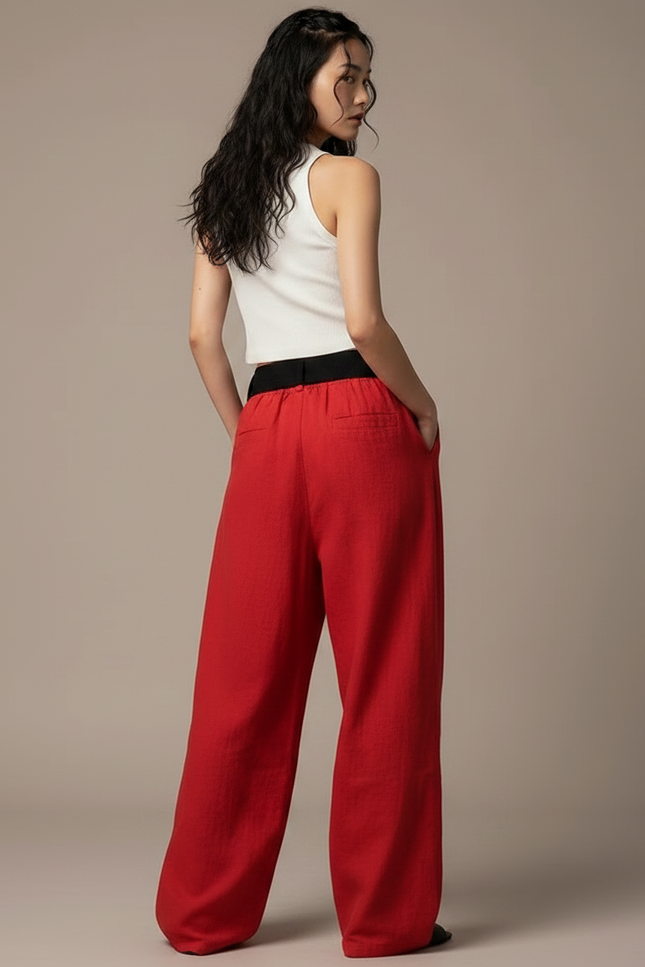 Pantalon Japonais Rouge Imprimé Ample Cordon Fluide - Lin - vue 2