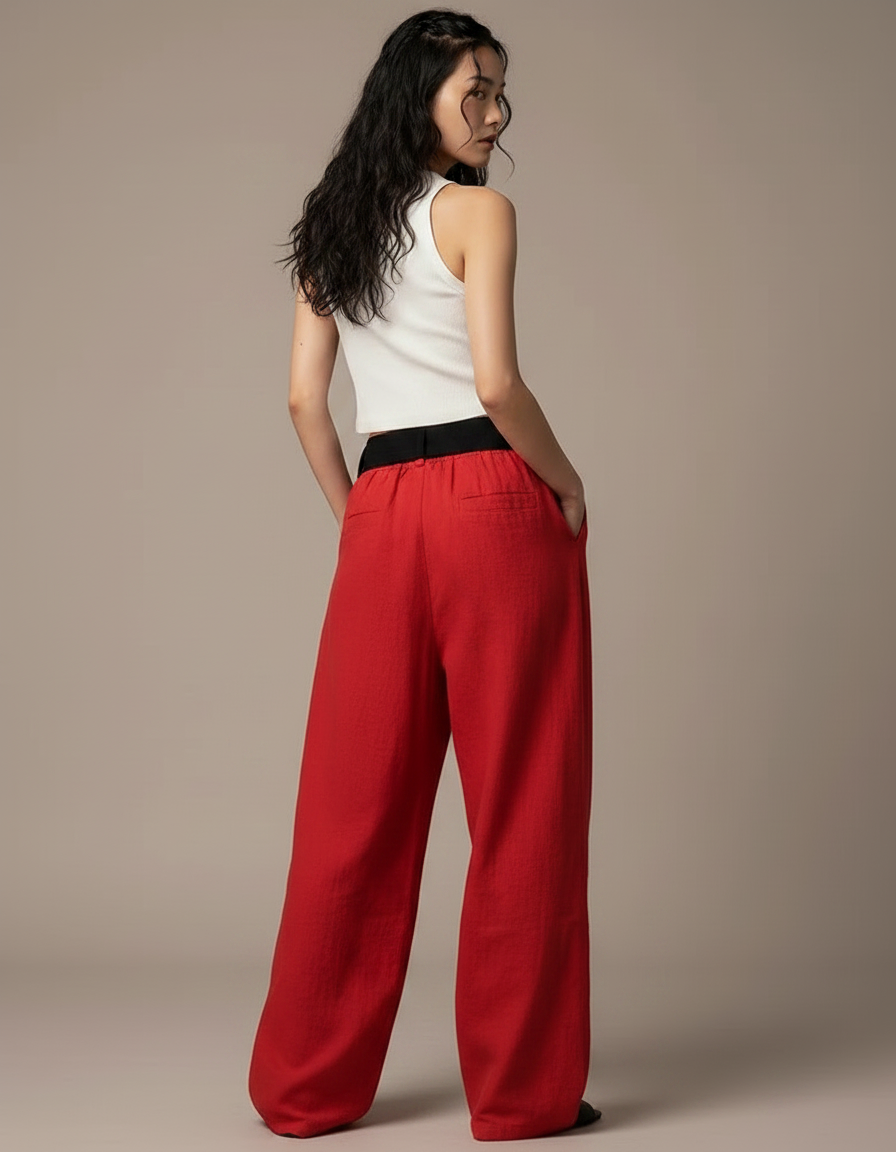 Pantalon Japonais Rouge Imprimé Ample Cordon Fluide - Lin - vue 2