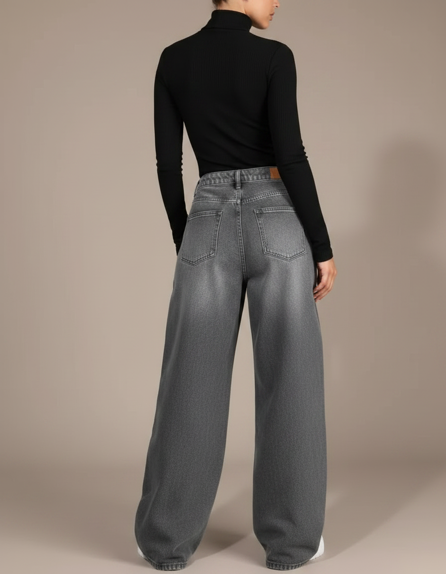 Pantalon Japonais Denim Gris Ample Décontracté Femme - Jean - vue 2