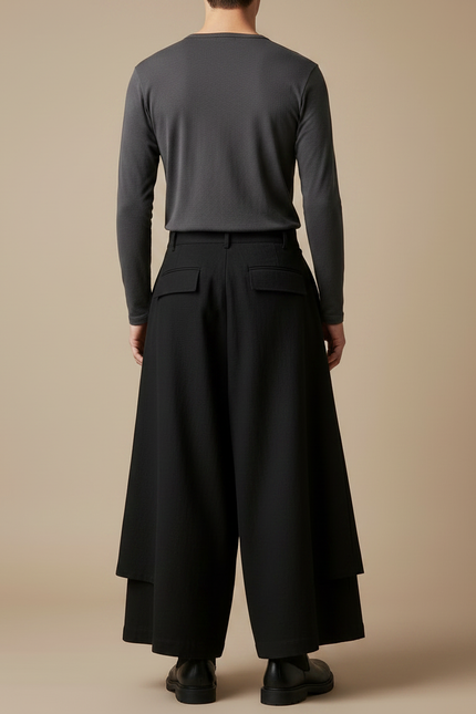 Pantalon Japonais Noir Ample Superposé Asymétrique Unisexe - Coton - vue 2