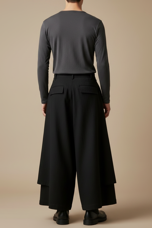 Pantalon Japonais Noir Ample Superposé Asymétrique Unisexe - Coton - vue 2