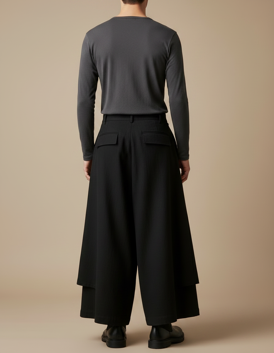 Pantalon Japonais Noir Ample Superposé Asymétrique Unisexe - Coton - vue 2